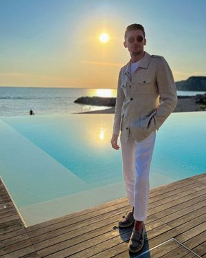 Beige Safari Jacket with White Trousers