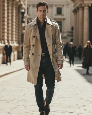 Beige Trench Coat with Dark Shirt and Denim