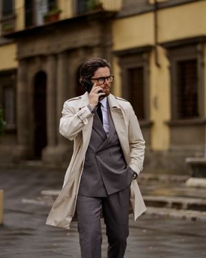 Beige Trench Coat with Grey Double-Breasted Suit