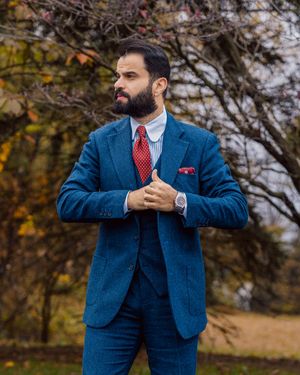Blue Tweed Suit with Red Polka Dot Tie