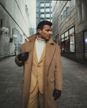 Camel Wool Overcoat with Herringbone Suit and Turtleneck
