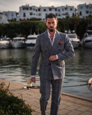 Grey Windowpane Double-Breasted Suit with White Shirt