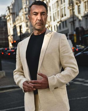 Ivory Linen Suit with Black T-Shirt