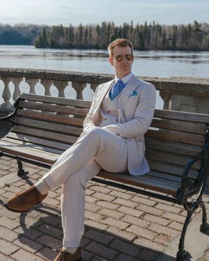 Ivory Three-Piece Suit with Blue Patterned Shirt