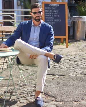 Light Blue Blazer with Linen Pants and Blue Loafers