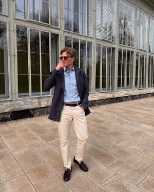 Navy Jacket with Pale Blue Shirt and Cream Chinos