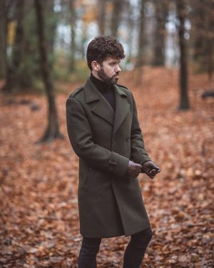 Olive Green Overcoat with Black Turtleneck