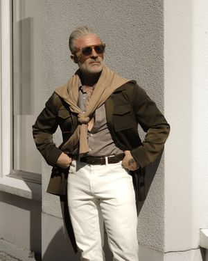 Olive Safari Jacket with Beige Shirt and White Trousers