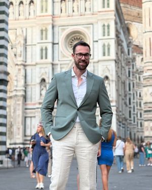 Sage Green Blazer with Cream Linen Trousers and White Shirt