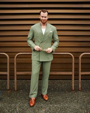 Sage Green Double-Breasted Suit with White Undershirt