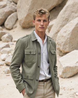 Sage Green Overshirt with Striped Shirt and Cream Trousers
