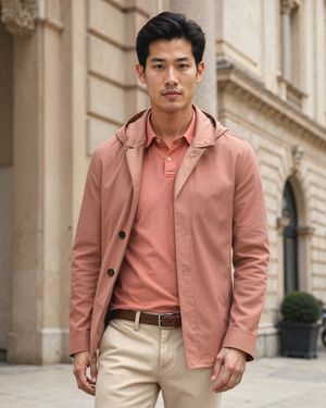 Salmon Overshirt with Matching Polo and Beige Chinos