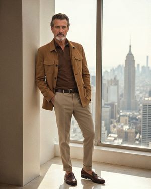 Tan Field Jacket with Chocolate Polo and Beige Chinos