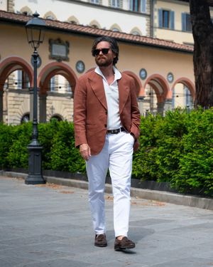 Terracotta Blazer with White Polo Shirt and Trousers