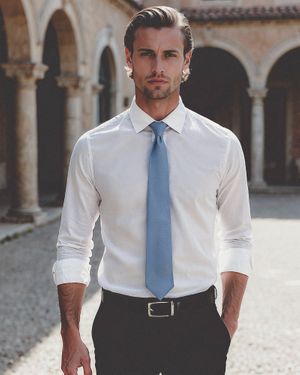 White Dress Shirt with Light Blue Tie and Black Trousers