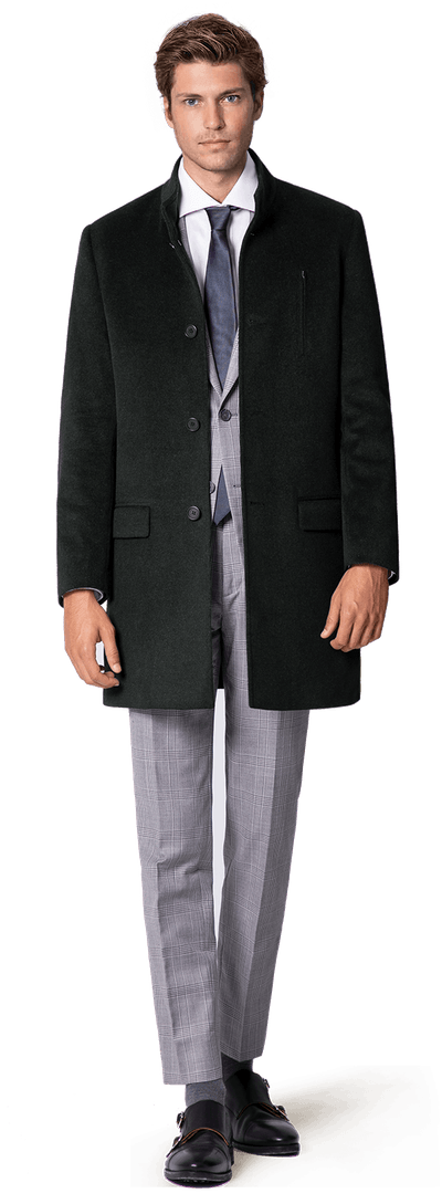 Black Funnel neck Coat with wide lapels & contrasted buttonthreads & red lining