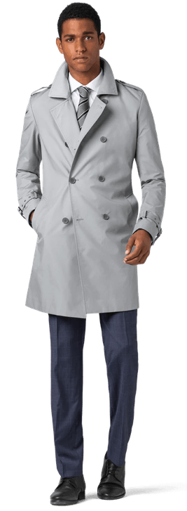 Gray long trench coat with belt and epaulettes