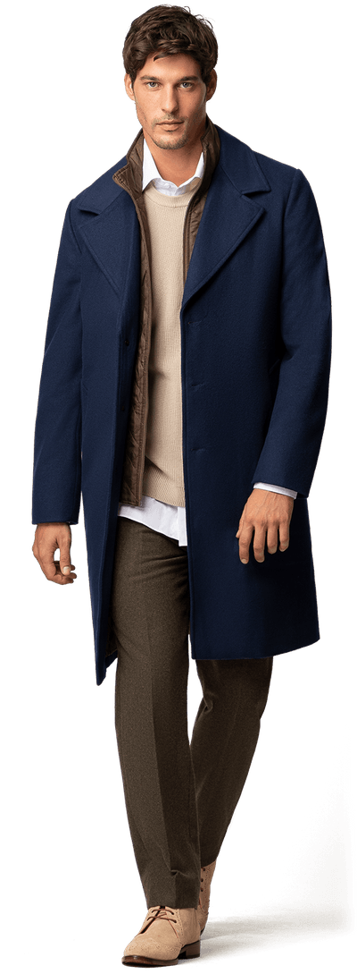 Navy Blue long Overcoat with removable padded piece & brown lining