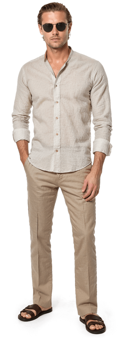Beige linen mandarin collar stretch Shirt