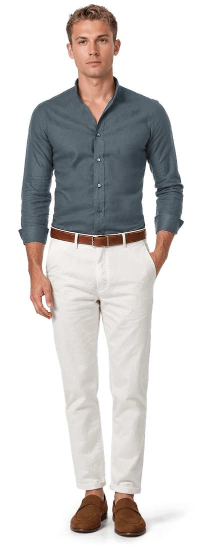 Stretch mid blue linen mao collar Shirt